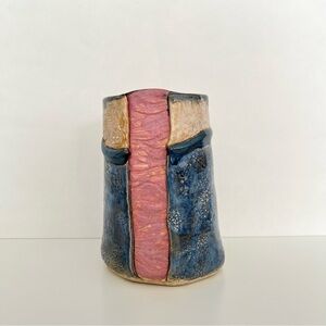 Vintage Handmade Studio Pottery Kimono Vase Koi Fish Pink Blue Japanese Abstract